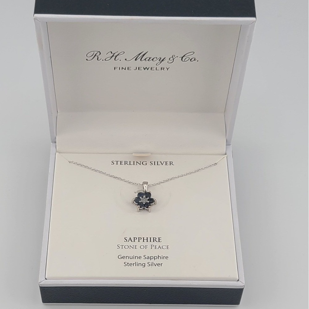 R.H. Macy & Co Sterling Silver Genuine Sapphire Flower Pendant Necklace Blue
